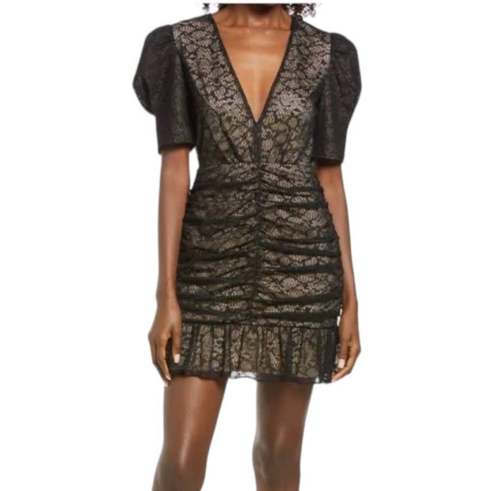 Saylor dress Reena ruched lace mini black nude Small S